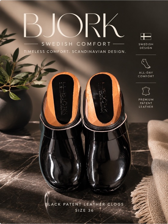 BJORK Shoes - BJORK Black Patent Leather Swedish Clogs | Scandinavian Comfort Size 36